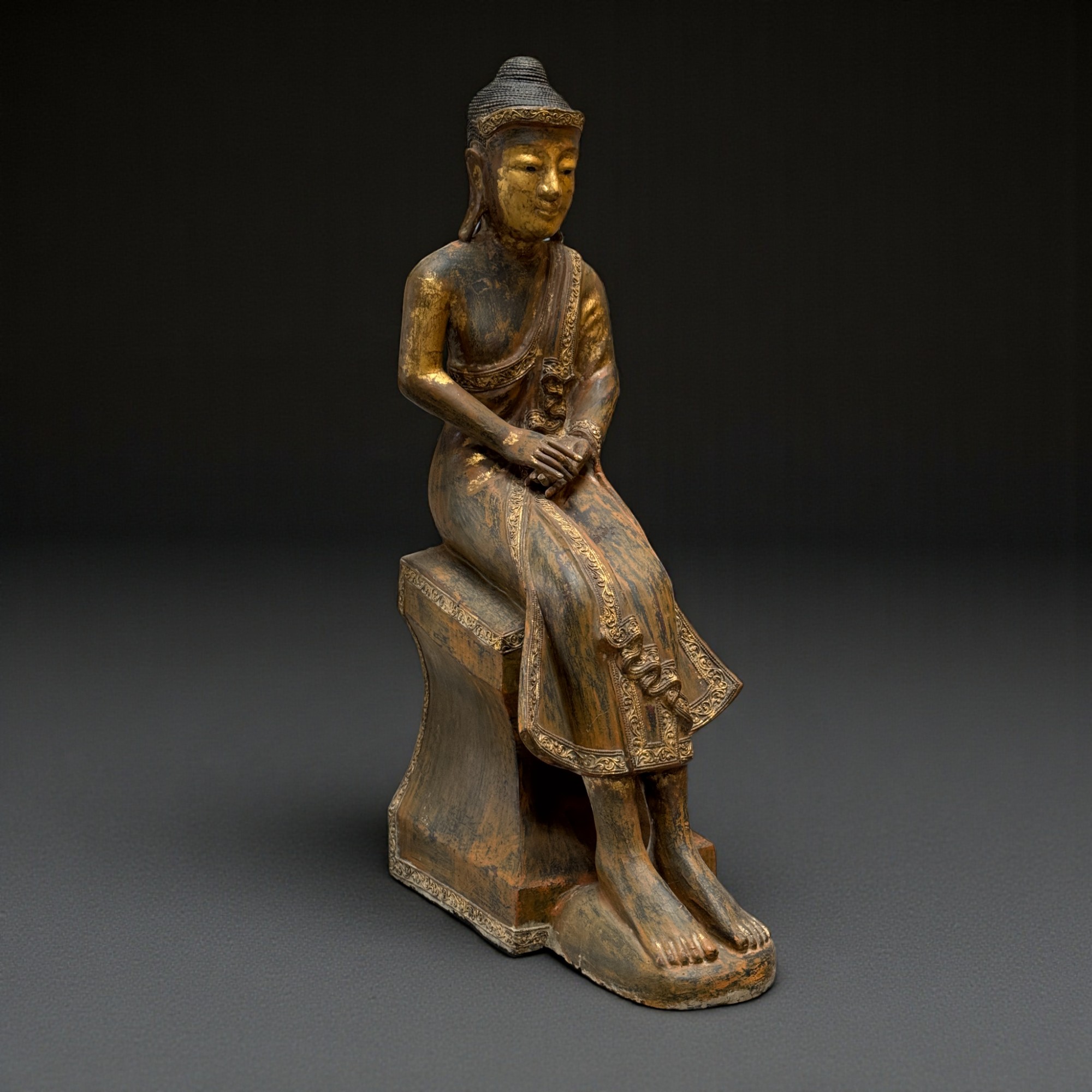 Alte Burma Buddha Skulptur Lacquerware teilvergoldet 100 cm