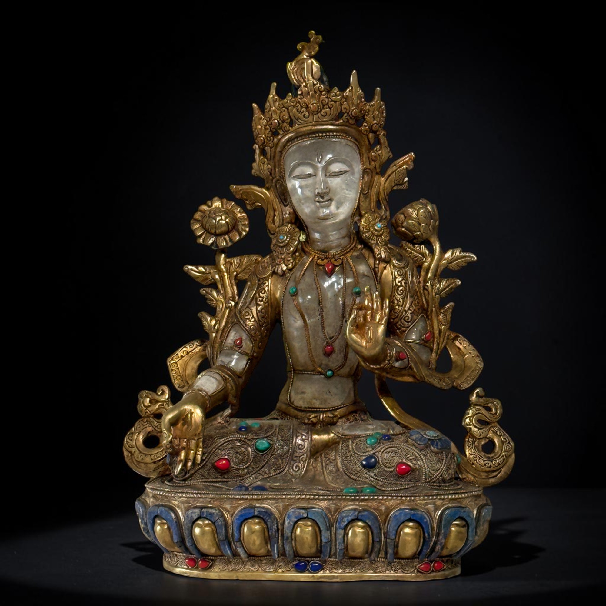 Weiße Tara Bronze Figur Statue Nepal vergoldet mit Edelsteinen 34cm