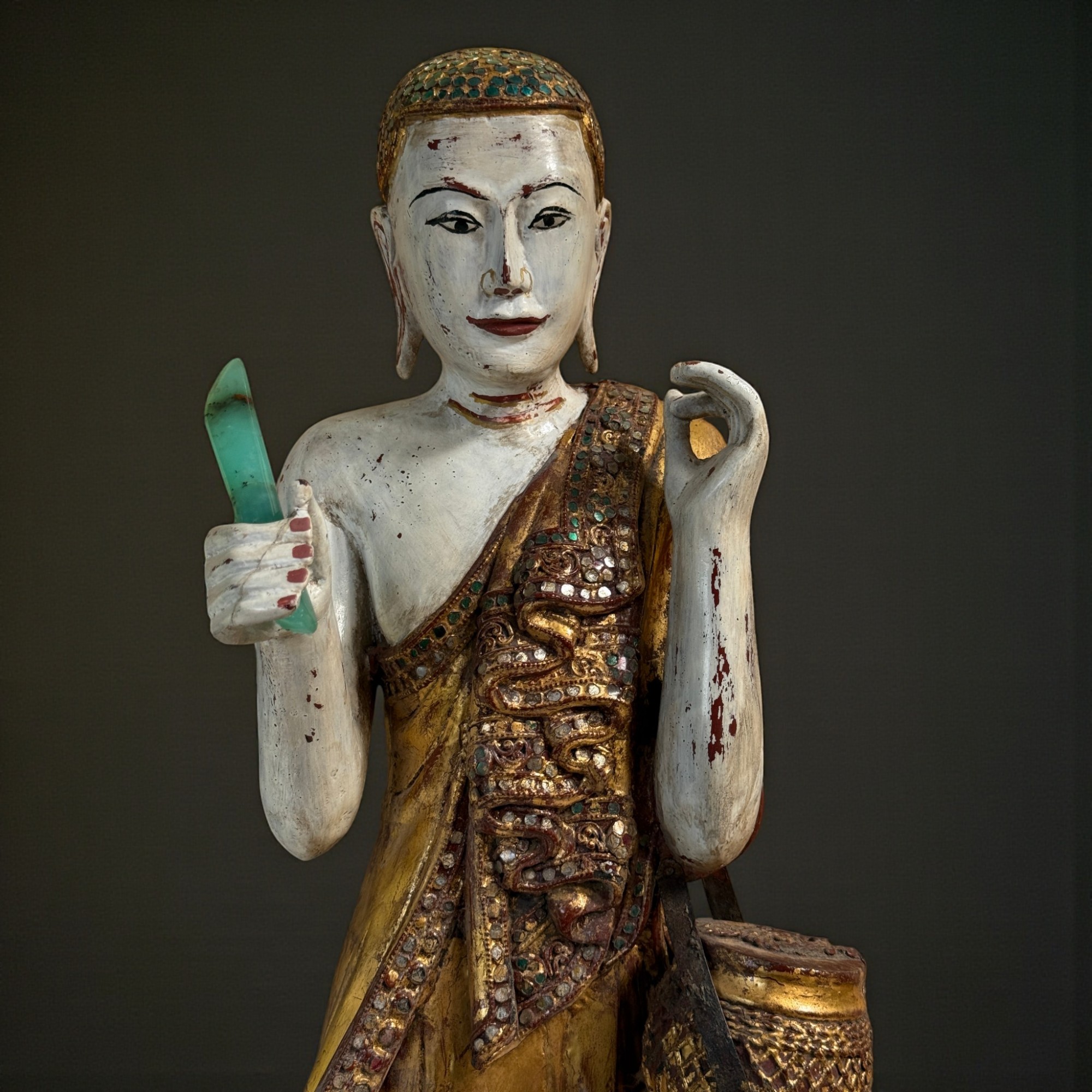 Alter Burma Mönch Holz Figur Trommel Jadestab: Teak Lotussockel Vergoldet 88cm