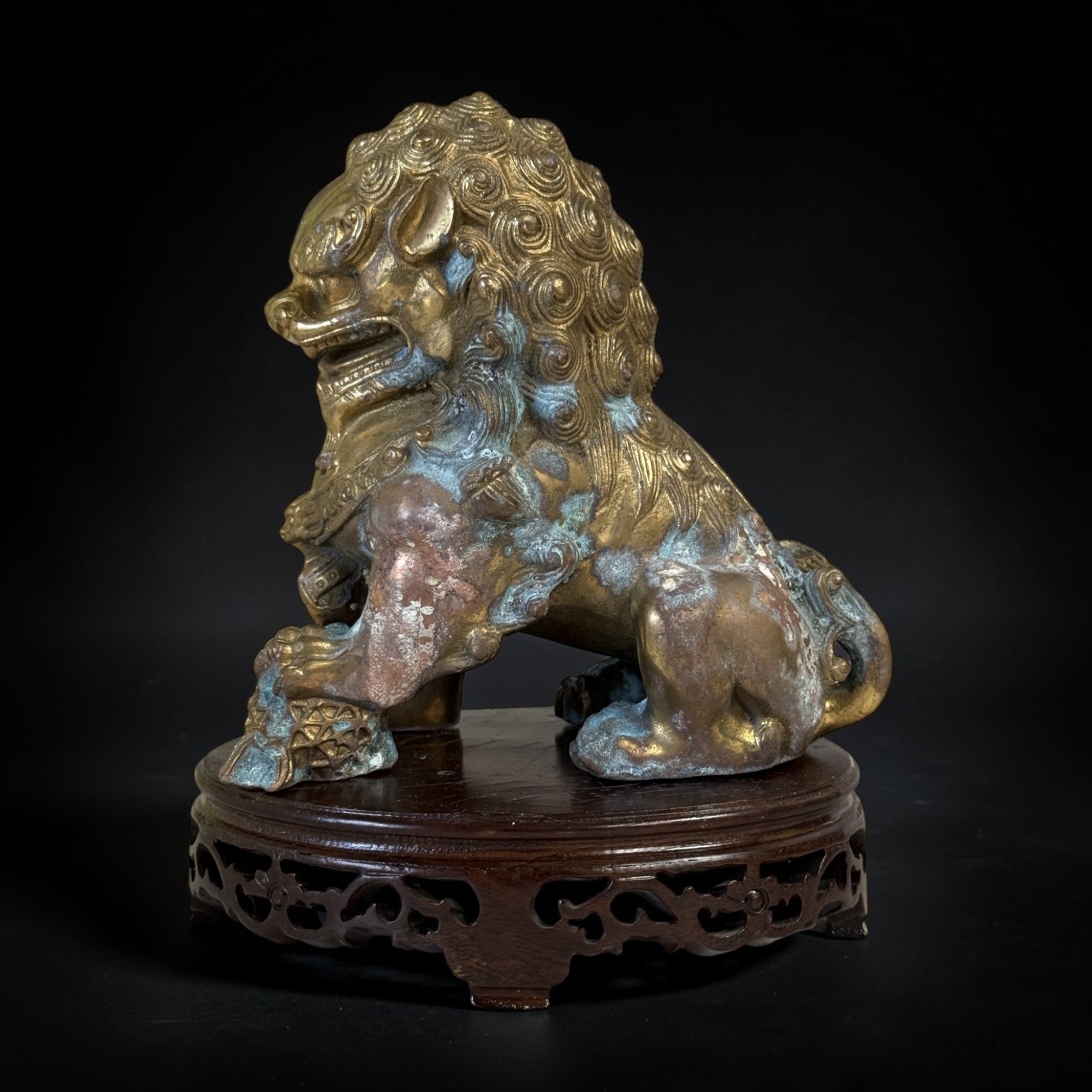 Paar alte Tempellöwen Bronze – Sammlernachlass – auf Holzpodest (20cm)