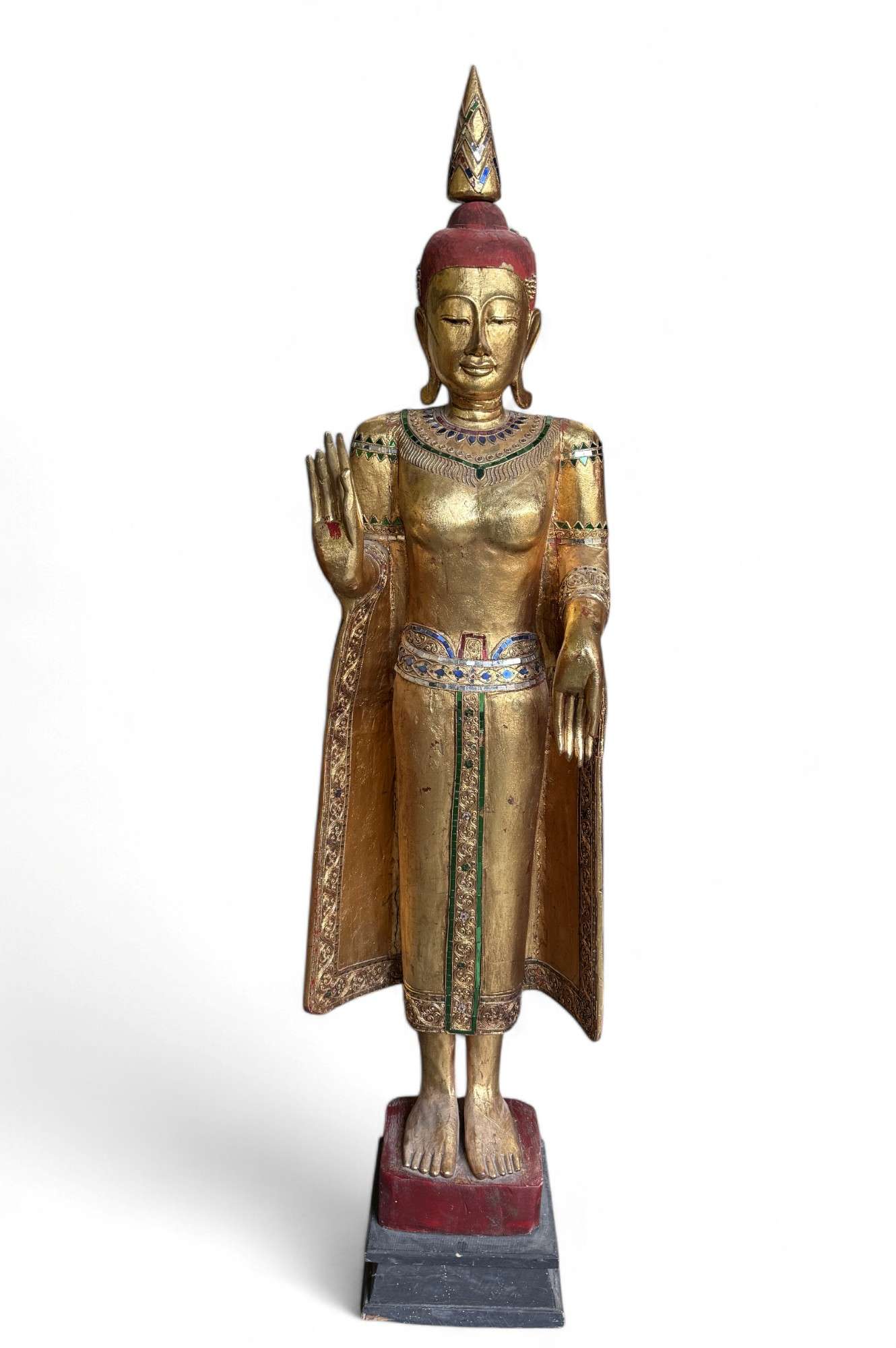 Alte Buddha Statue Thailand Holz Figur blattvergoldet 182 cm