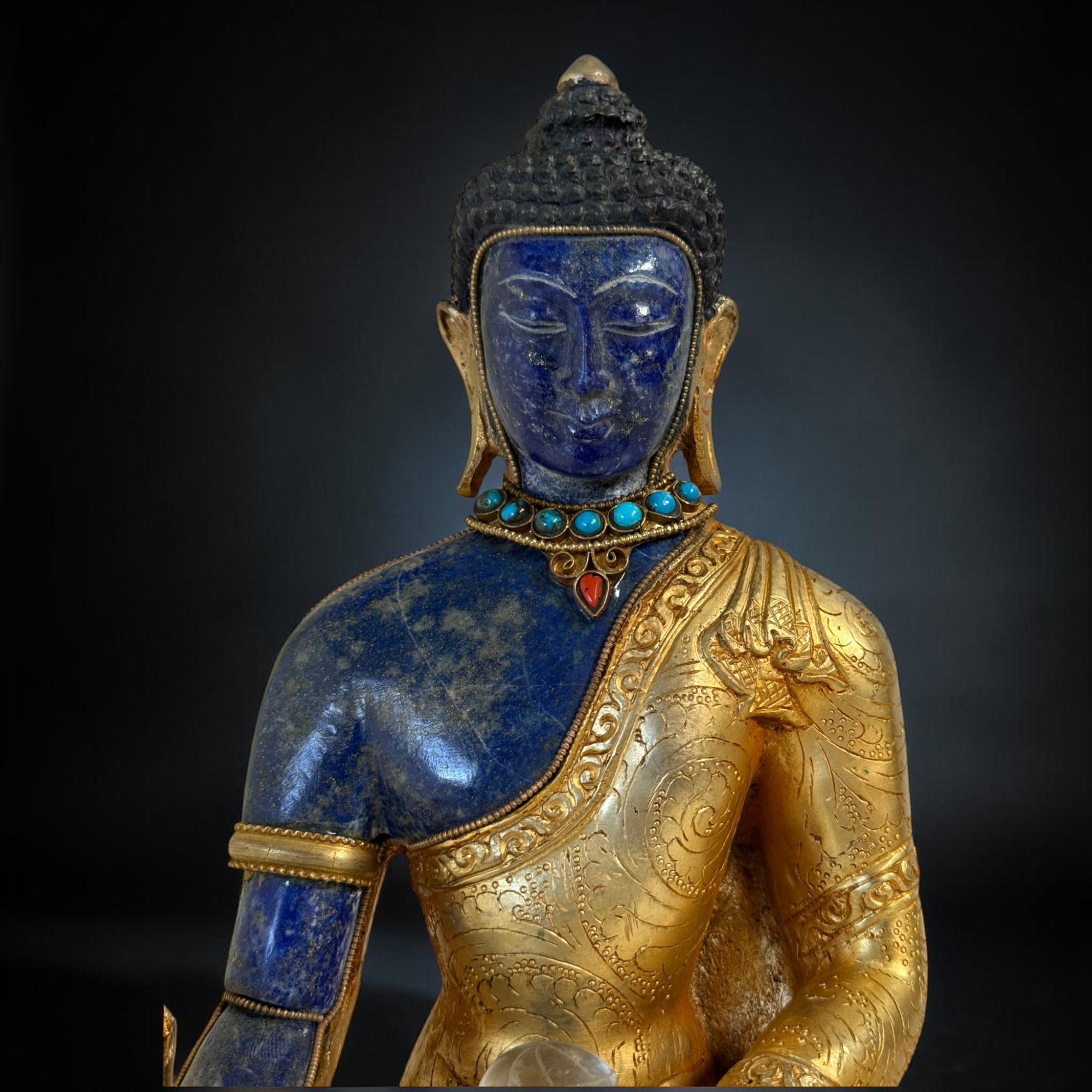 Medizin Buddha Figur Bronze Feuervergoldet mit Lapislazuli – 22cm