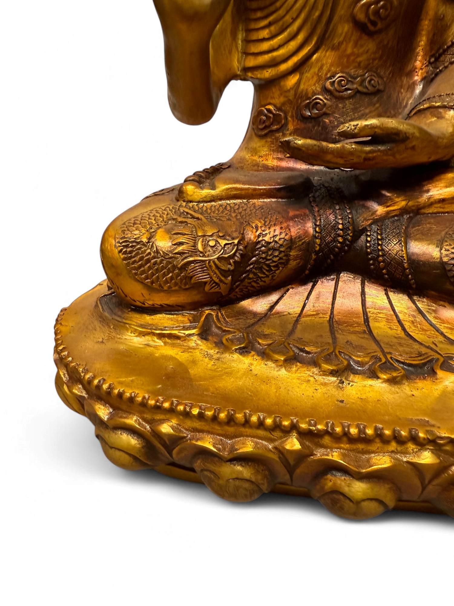 Bronze-Buddha 44 cm – Schutzgeste & Drachen – Sichuan China