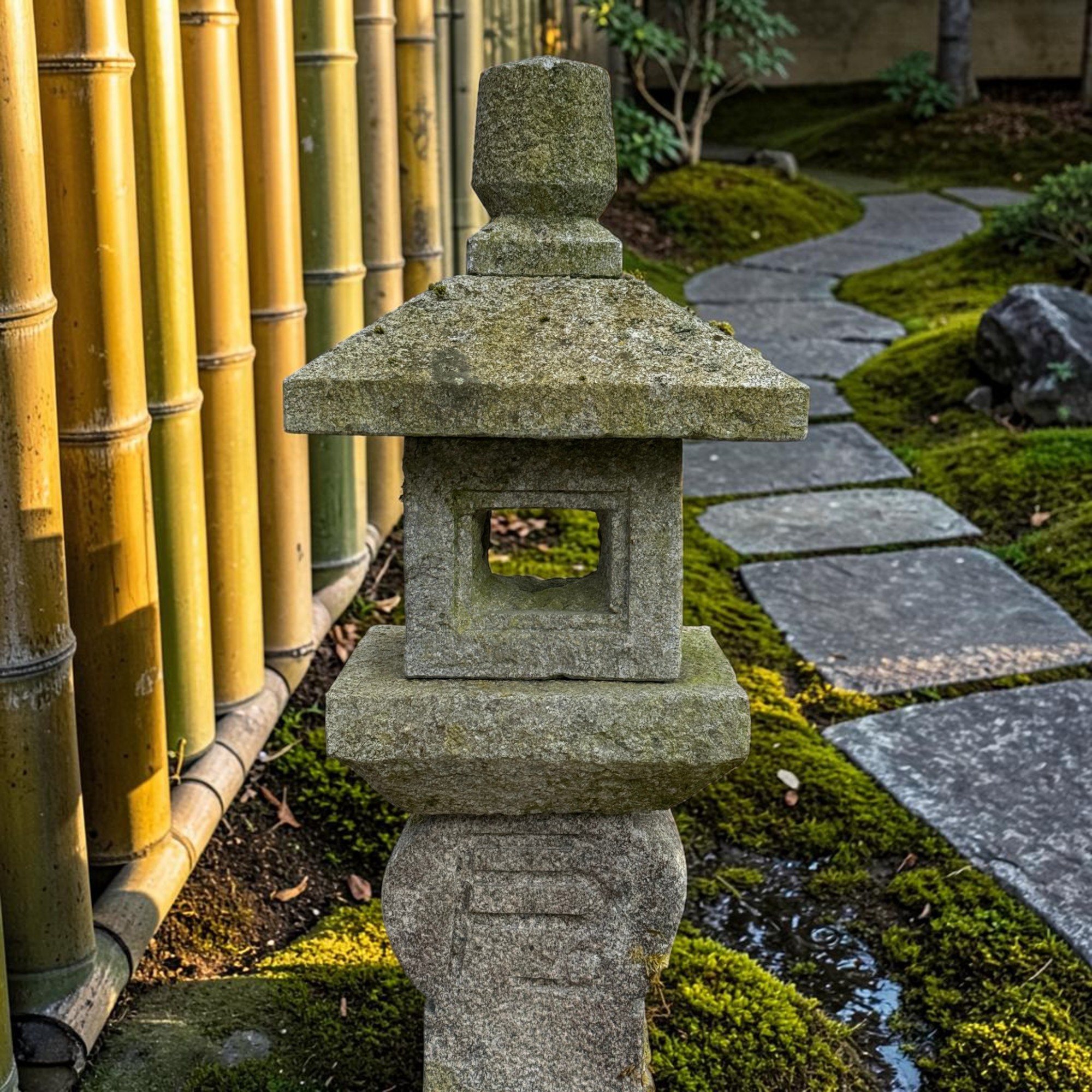 Alte Japanische Steinlaterne Granit 113cm - 5-teilig - Bemoost & Frostfest