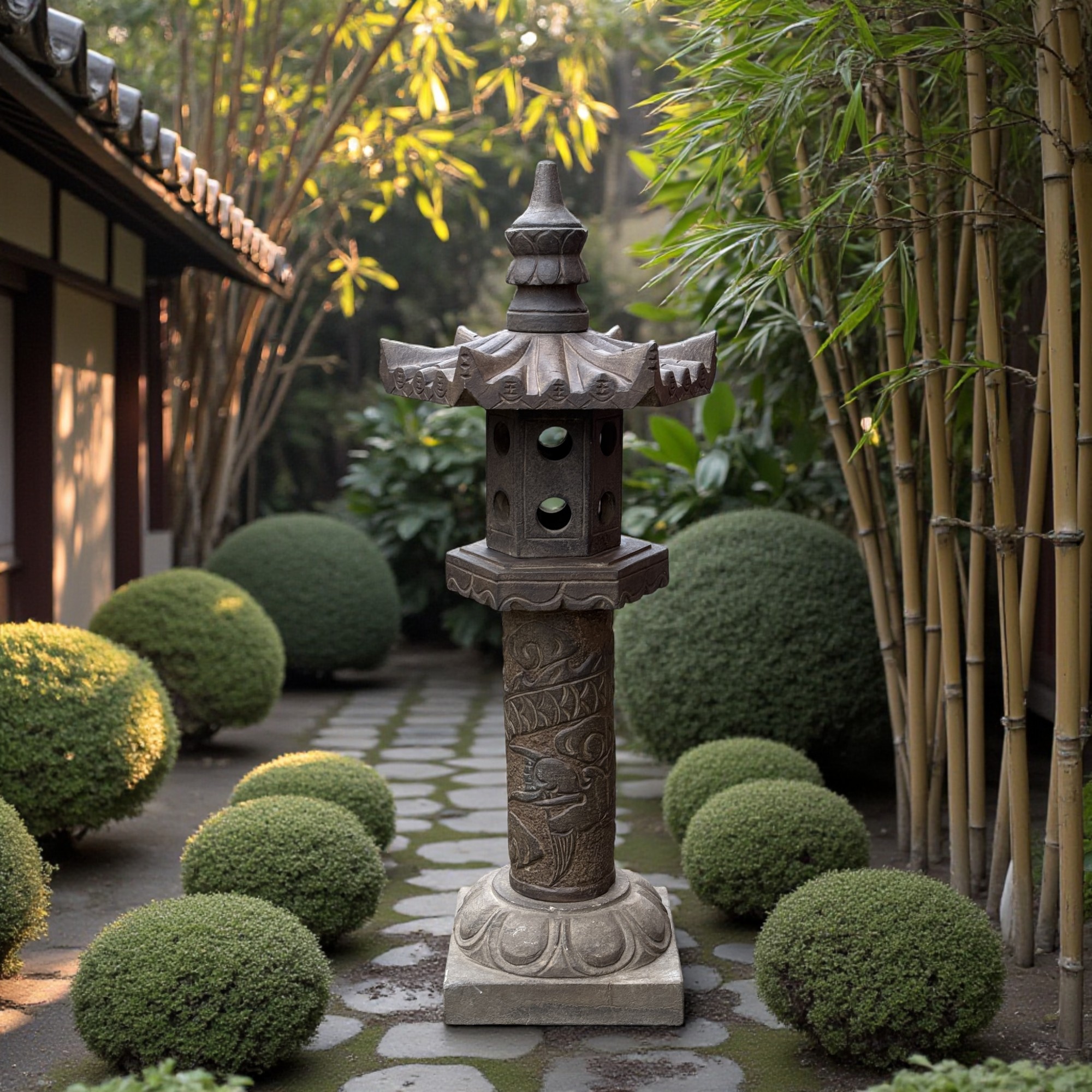 Chinesische Steinlaterne Garten Pagode aus Naturstein mit Drache