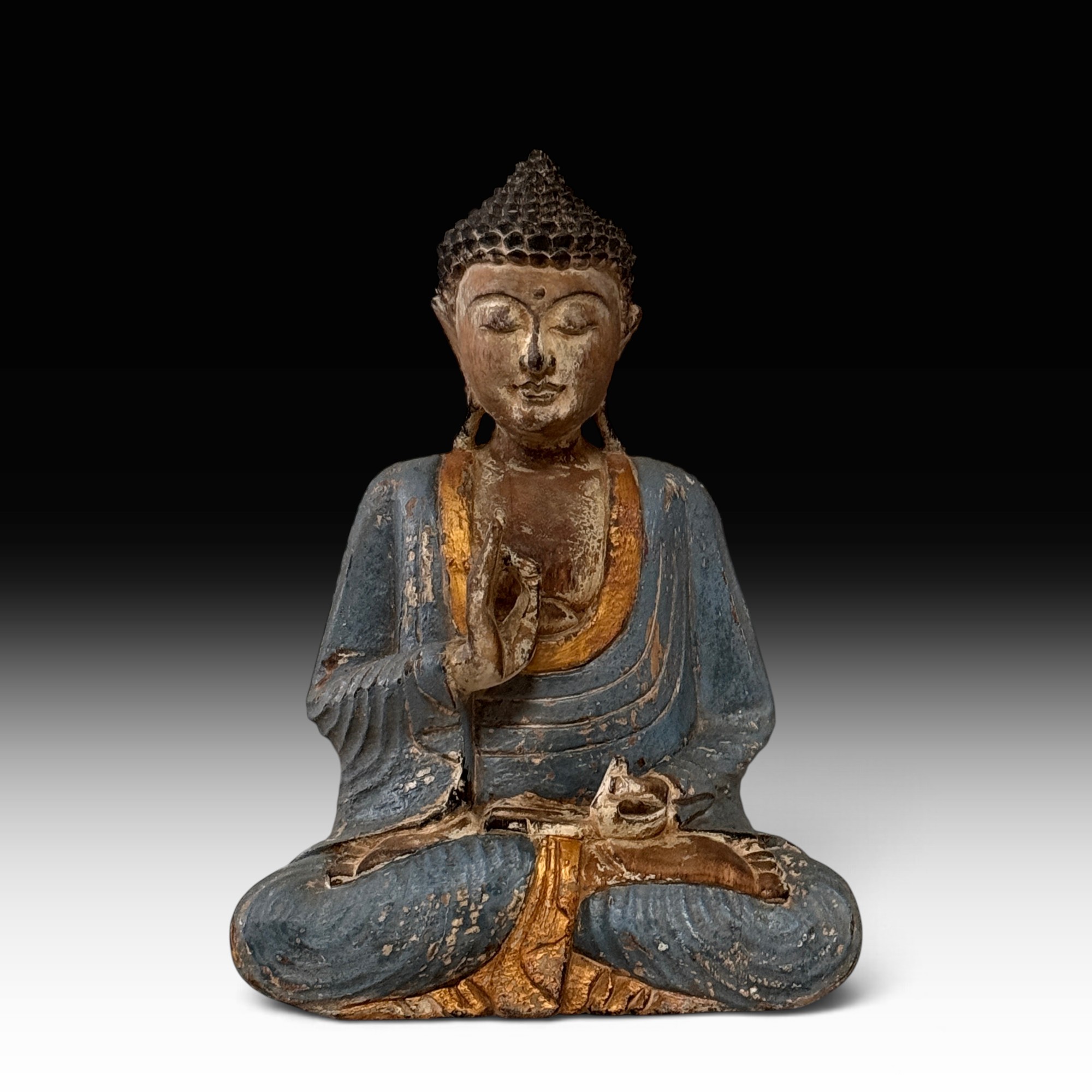Vintage Buddha Statue Suarholz blau gold – Vitarka Mudra Holzfigur, 44 cm