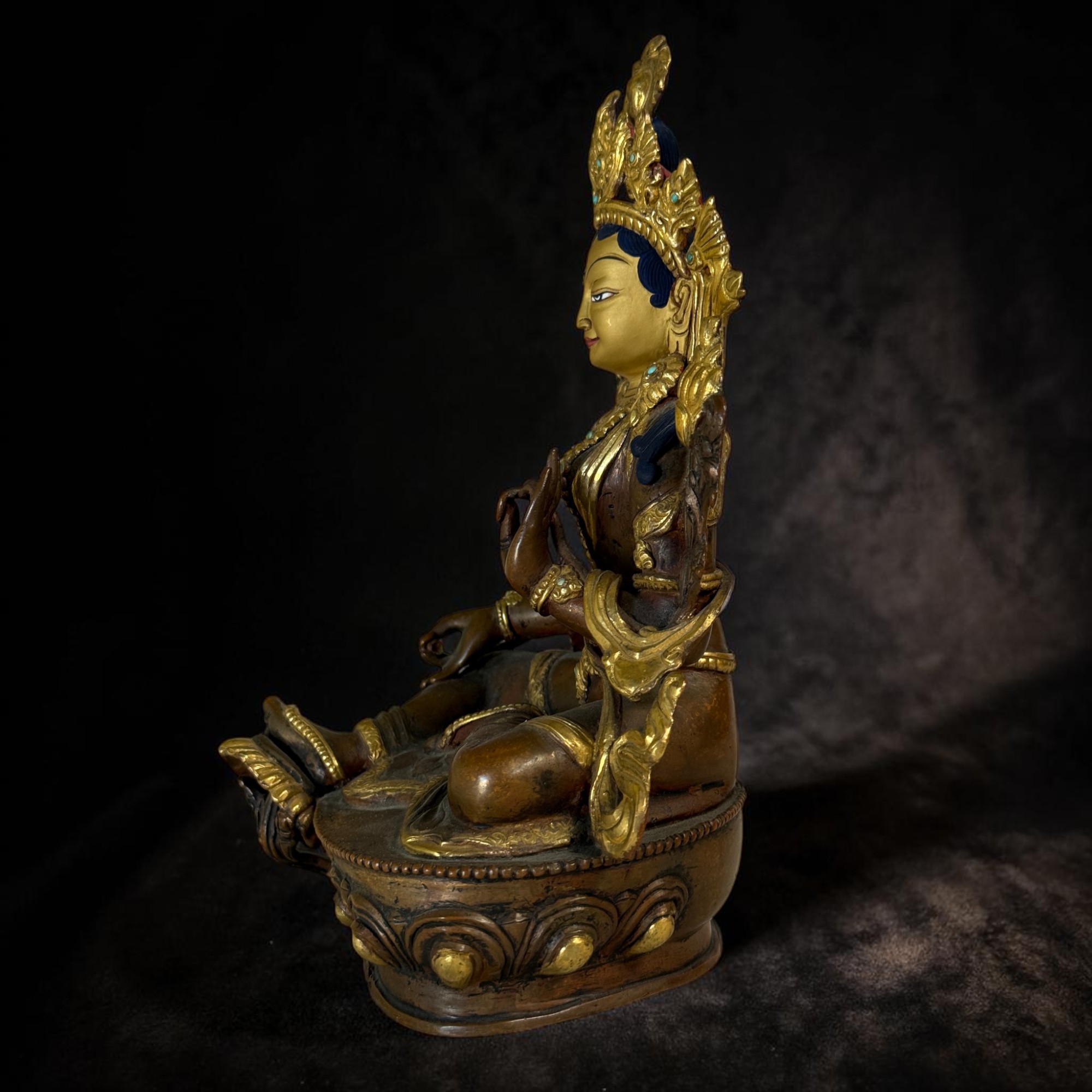 Grüne Tara Bronze Figur Nepal teilvergoldet & Türkissteinchen 21 cm