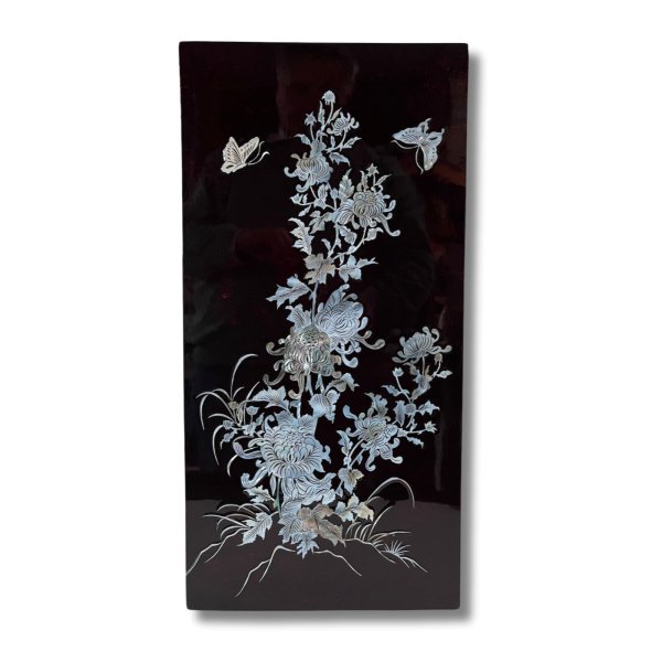Asiatisches Wandbild Holz Lackbild Perlmutt mit Schmetterlingen