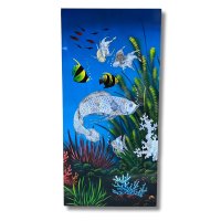 Asiatisches Wandbild Holz Lackbild Perlmutt mit Fische 100 cm