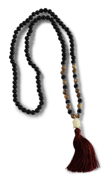 AsienLifestyle Gebetskette Mala Halskette Tigerauge schwarz Buddha Kopf Kette 