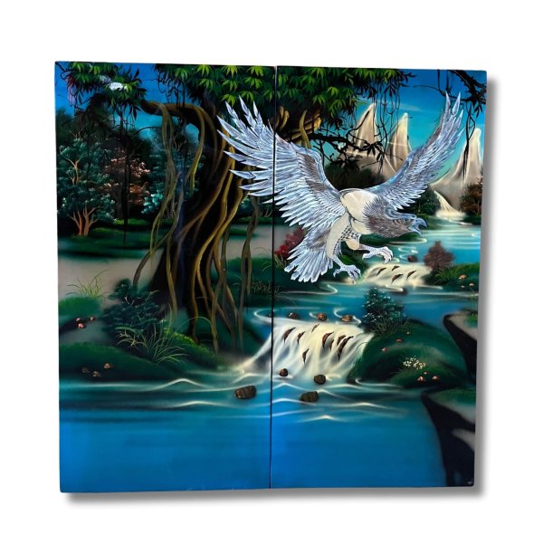 Asiatisches Wandbild Holz Lackbild Perlmutt mit Adler 0,8m