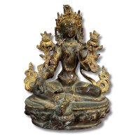 Grüne Tara Buddha Figur aus Bronze, vergoldet
