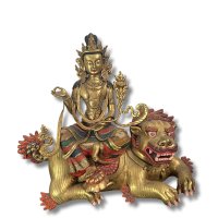 Bodhisattva Löwen Figur Bronze Tibet alt vergoldete Skulptur 2 teilig