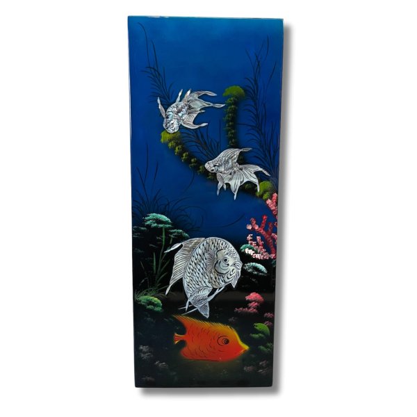 Asiatisches Wandbild Holz Lackbild Perlmutt mit Fische 48 cm