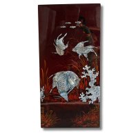 Asiatisches Wandbild Holz Lackbild Perlmutt mit Fische 60 cm