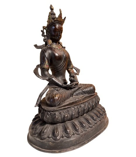 Bronze Buddha Figur Amitayus mit Edelsteinen